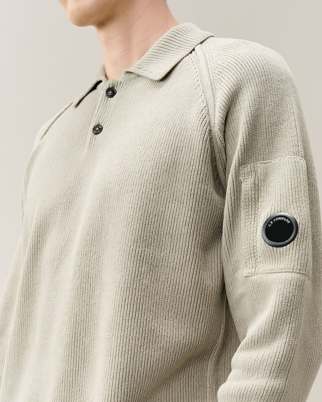 C.P. Company Chenille Cotton Lens Polo Sweater in Flint Grey