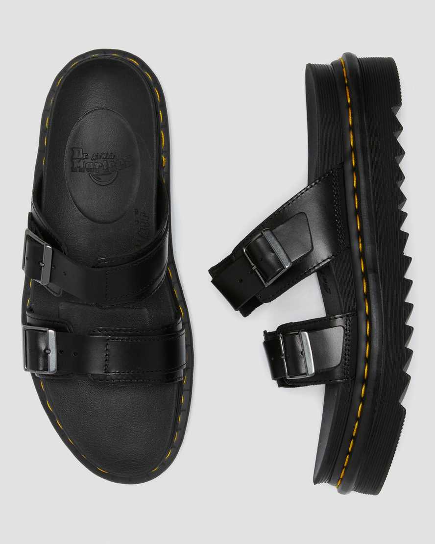 Unisex Myles Brando Leather Buckle Slide Sandals Black