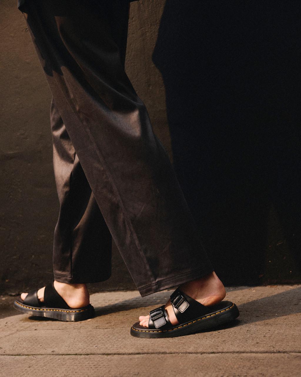 Unisex Josef Analine Leather Buckle Slide Sandals Black Analine