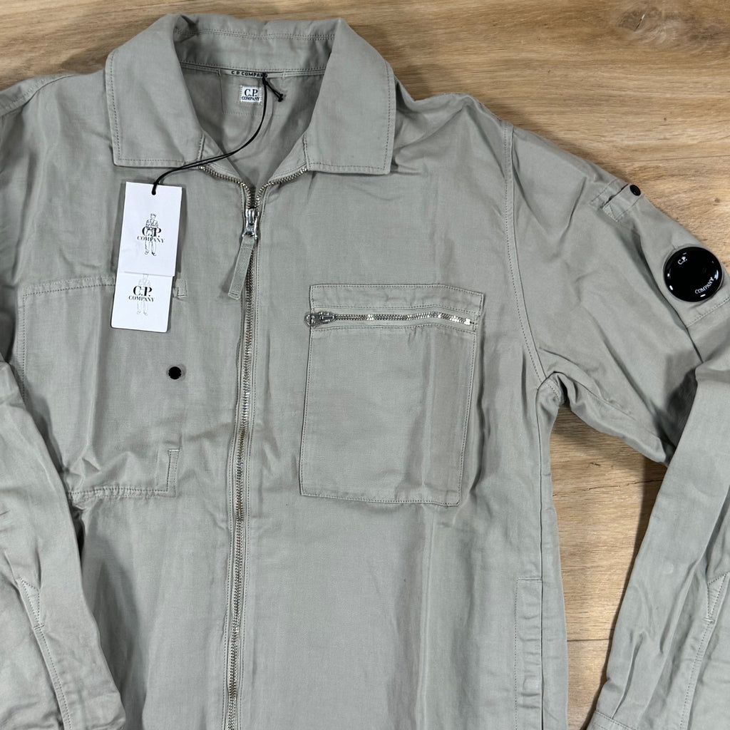 C.P. Company Cotton Linen Lens Zip Overshirt in Dove