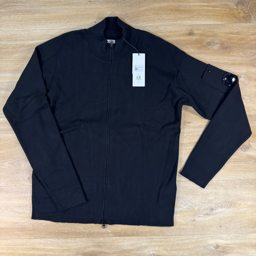 C.P. Company Cotton Sea Island Zipped Lens Cardigan in Black