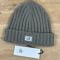 C.P. Company Extra Fine Merino Wool Logo Beanie in Fallen Rock - Beige
