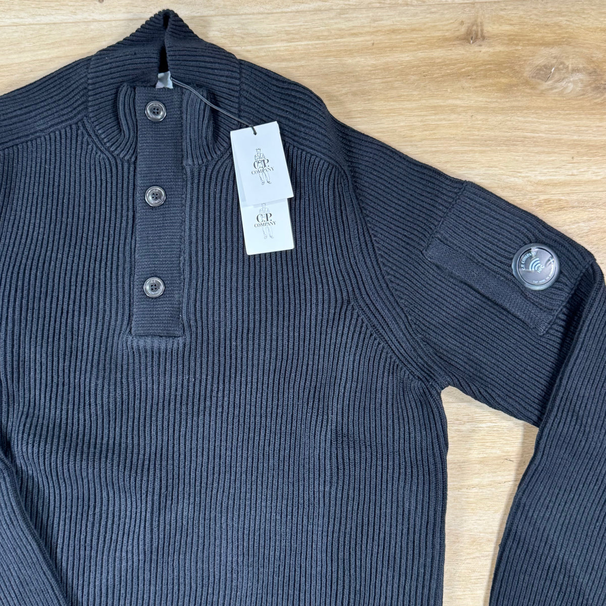 C.P. Company Full Rib Cotton Half Button Lens Sweater in Black
