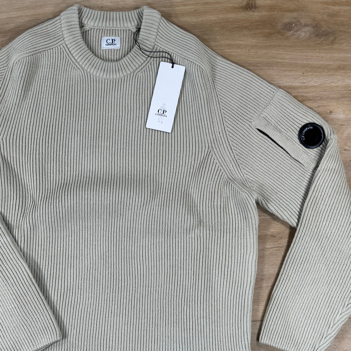 C.P. Company Full Rib Cotton Lens Crewneck Sweater in Silver Birch
