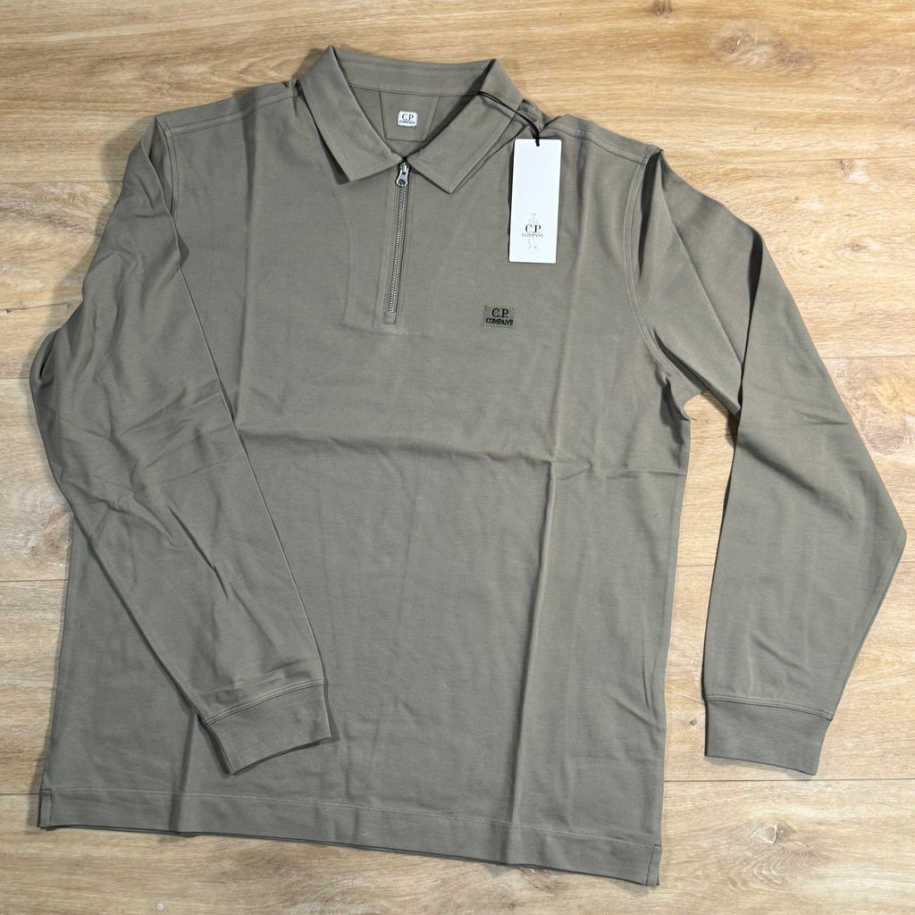 C.P. Company Stretch Piquet Long Sleeve Zip Polo in Fallen Rock - Beige