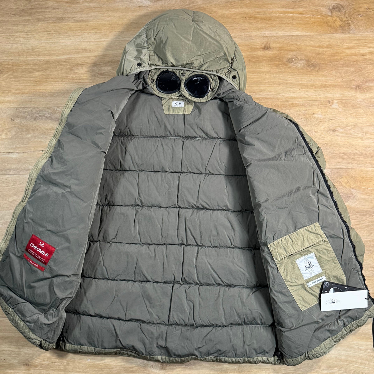 C.P. Company Chrome-R Goggle Down Jacket in Fallen Rock - Beige