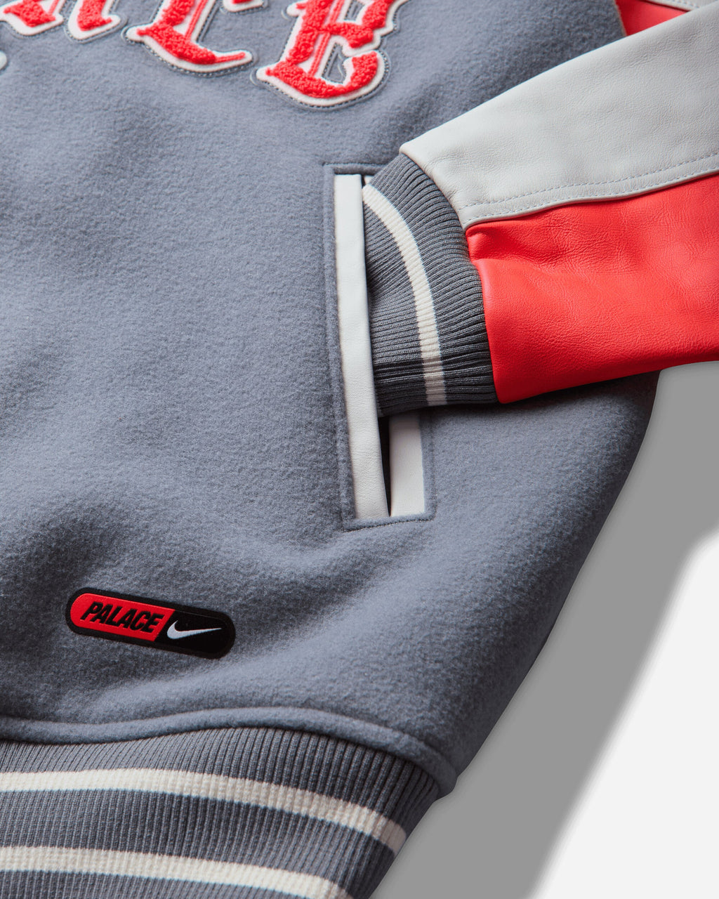 England x Palace Varsity Jacket Cool Grey / White / Bright Crimson