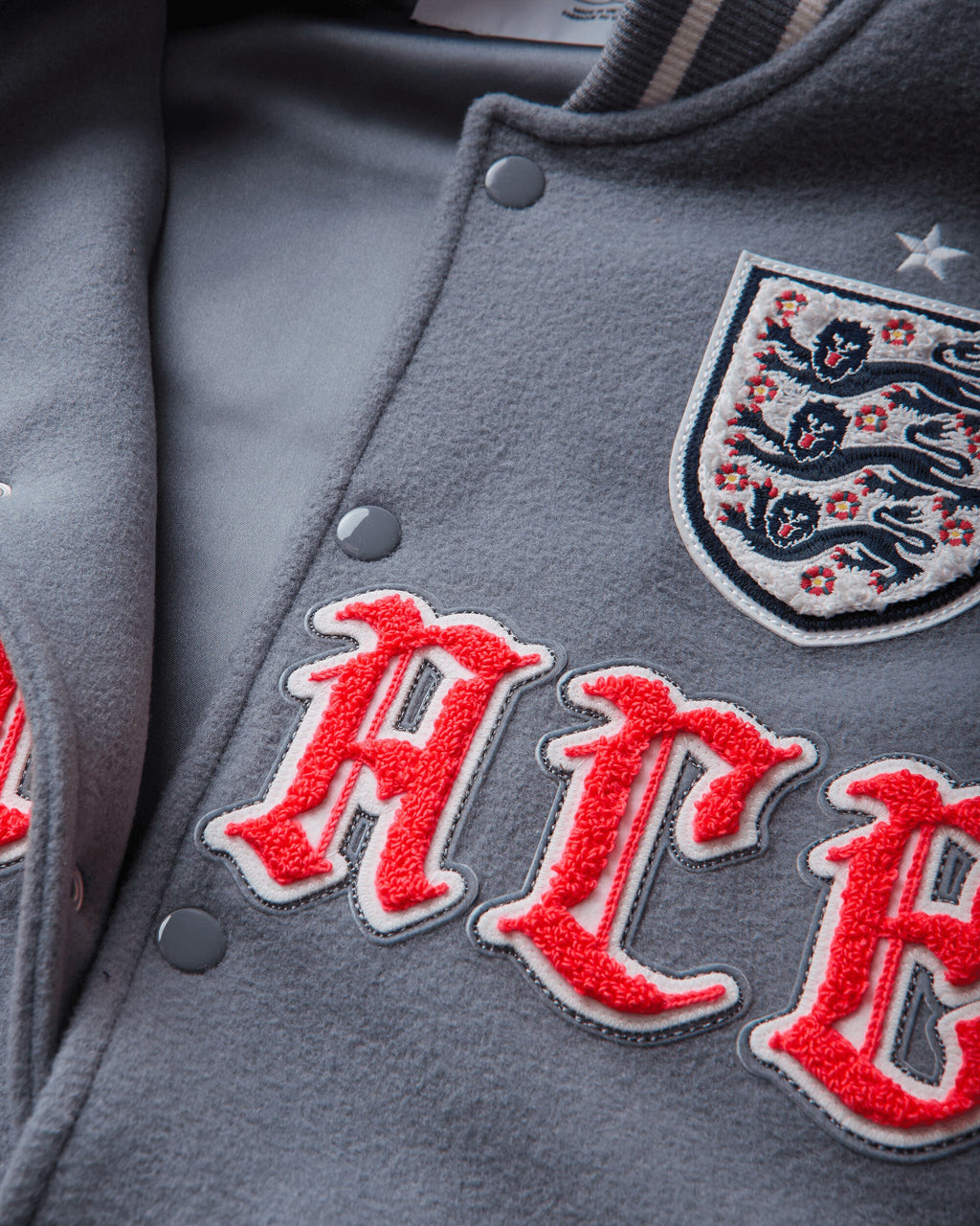 England x Palace Varsity Jacket Cool Grey / White / Bright Crimson