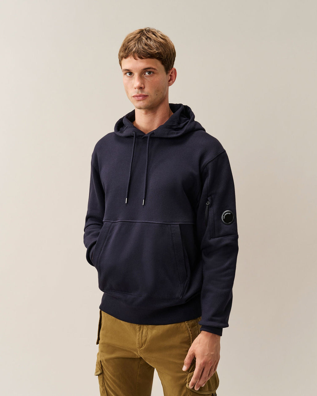 C.P. Company Diagonal Raised Fleece Lens Hoodie in Navy